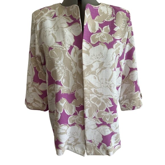 BonWorth Womens S Floral Print Open Front Jacket 3/4 Sleeve Tan & Purple - Picture 1 of 7